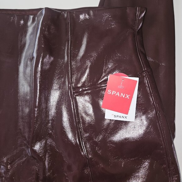 NWT SPANX Ruby Red Faux Patent Leather Leggings Size L Burgundy Maroon - Picture 8 of 11